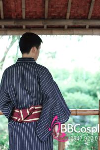 Yukata Nhật Xanh Đen Obi Đỏ Đô Viền Vàng