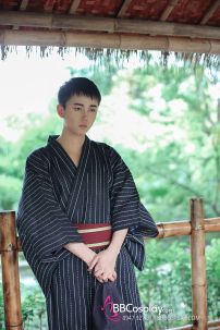 Yukata Nhật Xanh Đen Obi Đỏ Đô Viền Vàng