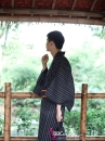 Yukata Nhật Xanh Đen Obi Đỏ Đô Viền Vàng