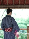 Yukata Nhật Xanh Đen Obi Đỏ Đô Viền Vàng