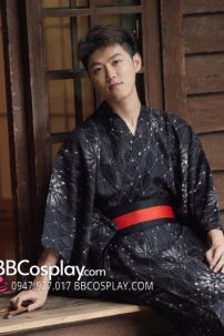 Yukata Nam Đen Obi Đen Đỏ 2023