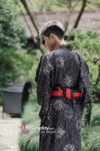 Yukata Nam Đen Obi Đen Đỏ 2023