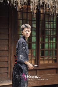 Yukata Nam Đen Obi Đen Đỏ 2023