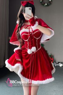 Đồ Noel Dáng Cúp Ngực Có Kèm Choàng Nhỏ Lót Lông Mịn