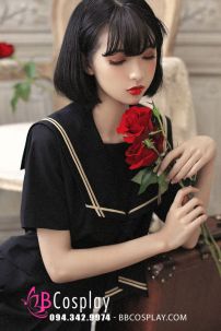 Trang Phục Nữ Sinh Đen Cổ Áo Viền Vàng Tay Ngắn