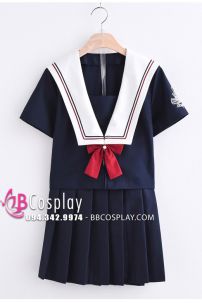 Đầm Nữ Sinh Xanh Đen Cổ Sâu Viền 2 Màu Tay Ngắn