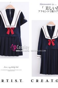 Đầm Nữ Sinh Xanh Đen Cổ Sâu Viền 2 Màu Tay Ngắn