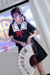 Đầm Nữ Sinh Xanh Đen Cổ Sâu Viền 2 Màu Tay Ngắn