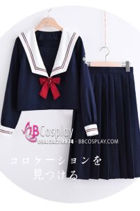 Váy Nữ Sinh Xanh Đen Nơ Đỏ Tay Dài