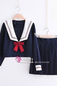 Váy Nữ Sinh Xanh Đen Nơ Đỏ Tay Dài