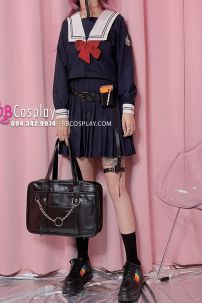 Váy Nữ Sinh Xanh Đen Nơ Đỏ Tay Dài