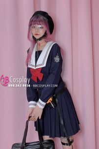 Váy Nữ Sinh Xanh Đen Nơ Đỏ Tay Dài