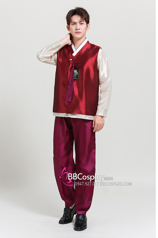 Hanbok Nam Áo Đỏ Đô Quần Hồng Mận