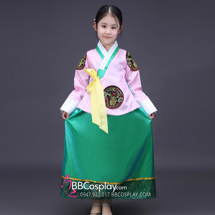 Hanbok Trẻ Em Áo Hồng Váy Xanh Lục