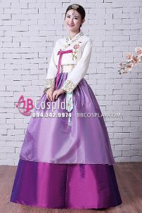 Đồ Hanbok HQ Áo Thêu Váy 2 Tầng Hồng Tím