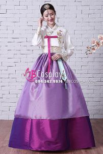 Đồ Hanbok HQ Áo Thêu Váy 2 Tầng Hồng Tím