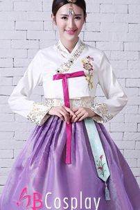 Đồ Hanbok HQ Áo Thêu Váy 2 Tầng Hồng Tím
