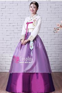 Đồ Hanbok HQ Áo Thêu Váy 2 Tầng Hồng Tím