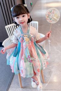Trung Quốc Hán Phục Thêu Mèo Trang Phục Chị Hằng Cho Bé - Màu Xanh Hán Phục Thêu Mèo Trang Phục Chị Hằng Cho Bé - Màu Xanh