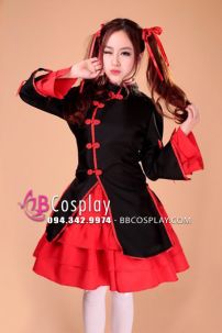 Qiloli Tay Bèo Áo Đen Váy Đỏ