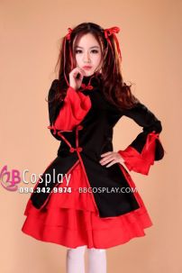 Qiloli Tay Bèo Áo Đen Váy Đỏ