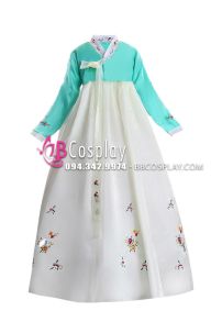 Hanbok Hàn Quốc Vải Voan Áo Xanh Lục Váy Trắng