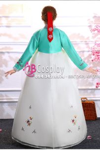 Hanbok Hàn Quốc Vải Voan Áo Xanh Lục Váy Trắng