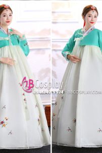 Hanbok Hàn Quốc Vải Voan Áo Xanh Lục Váy Trắng