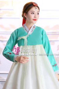 Hanbok Hàn Quốc Vải Voan Áo Xanh Lục Váy Trắng
