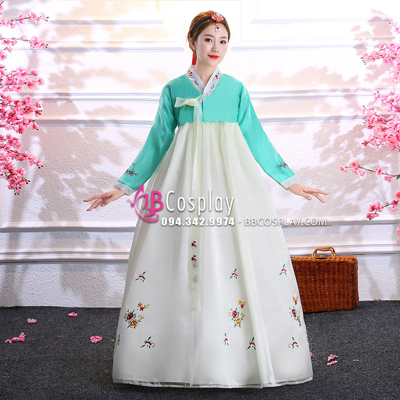 Hanbok Hàn Quốc Vải Voan Áo Xanh Lục Váy Trắng