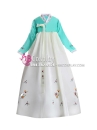 Hanbok Hàn Quốc Vải Voan Áo Xanh Lục Váy Trắng