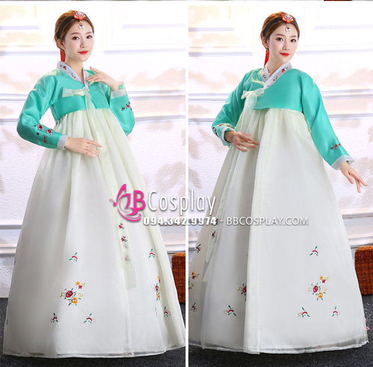 Hanbok Hàn Quốc Vải Voan Áo Xanh Lục Váy Trắng