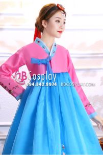 Hanbok Hàn Quốc Voan Áo Hồng Váy Xanh