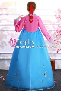 Hanbok Hàn Quốc Voan Áo Hồng Váy Xanh