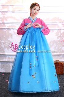 Hanbok Hàn Quốc Voan Áo Hồng Váy Xanh
