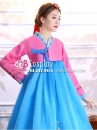 Hanbok Hàn Quốc Voan Áo Hồng Váy Xanh