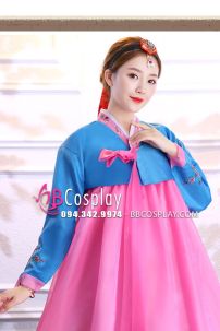 Hanbok Hàn Quốc Voan Nơ Hồng Áo Xanh Váy Hồng
