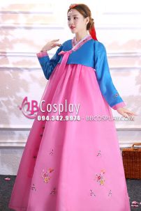 Hanbok Hàn Quốc Voan Nơ Hồng Áo Xanh Váy Hồng