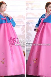 Hanbok Hàn Quốc Voan Nơ Hồng Áo Xanh Váy Hồng