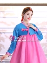 Hanbok Hàn Quốc Voan Nơ Hồng Áo Xanh Váy Hồng