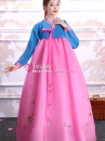 Hanbok Hàn Quốc Voan Nơ Hồng Áo Xanh Váy Hồng