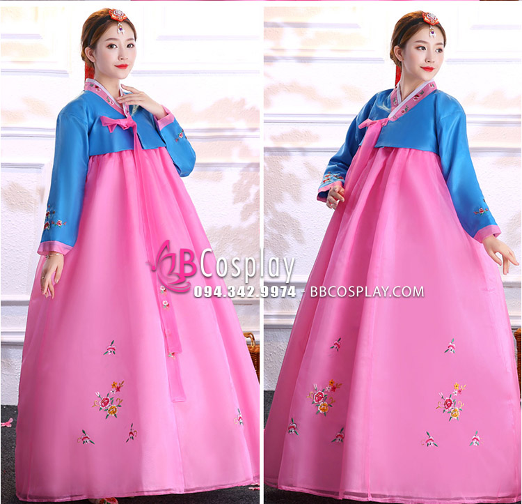 Hanbok Hàn Quốc Voan Nơ Hồng Áo Xanh Váy Hồng