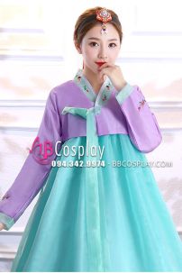 Đồ Hanbok Hàn Quốc Voan Áo Tím Váy Xanh Lục