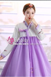 Hanbok Hàn Quốc Voan Áo Trắng Váy Tím
