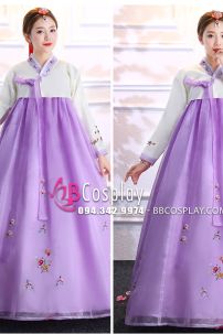 Hanbok Hàn Quốc Voan Áo Trắng Váy Tím