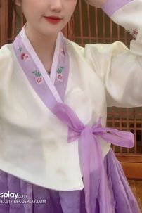 Hanbok Hàn Quốc Voan Áo Trắng Váy Tím