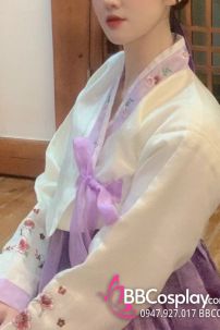 Hanbok Hàn Quốc Voan Áo Trắng Váy Tím