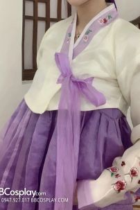 Hanbok Hàn Quốc Voan Áo Trắng Váy Tím