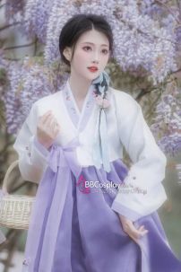 Hanbok Hàn Quốc Voan Áo Trắng Váy Tím