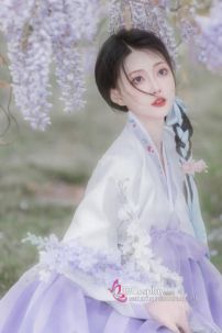 Hanbok Hàn Quốc Voan Áo Trắng Váy Tím